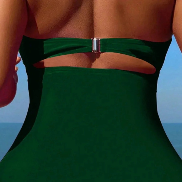 Dark Green Women's Hollow Out Ruffle Monokini Swimsuit - Picture 4 of 5